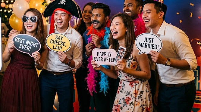 Group of people posing with photo booth props at a wedding celebration in Singapore.
